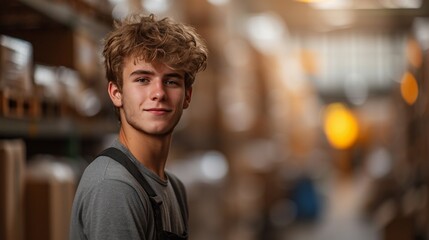 Fototapeta premium A young handsome loader stands and looks smiling at the camera