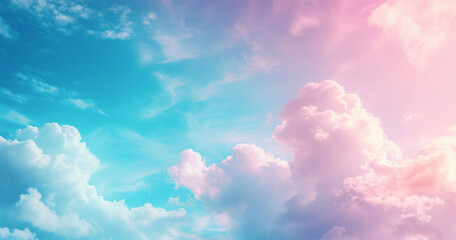 Pastel colored sky with fluffy clouds, ideal for background or wallpaper.