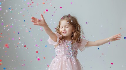 Obraz na płótnie Canvas exuberance of a little girl in a pink dress catching confetti, smiling happily on a white background.
