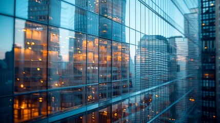 An abstract shot of a skyscraper's glass curtain wall, reflecting the city's ever-changing skyline - obrazy, fototapety, plakaty
