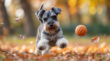 A Schnauzer enjoying a game of fetch, returning the ball with precision