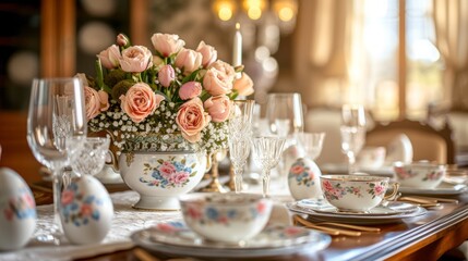 An elegant Easter dining room, set with fine china, crystal glassware, and elegant tableware