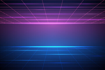 Cyberpunk neon pink and blue grids background. Futuristic wireframe 80s 90s style.