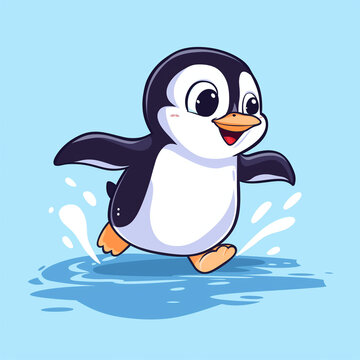 Charming penguin waddling on ice, cute penguin cartoon vector illustration