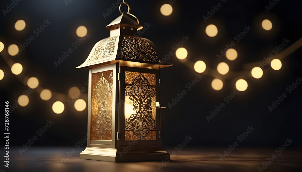 Wall mural lantern 3d rendering of a golden ornament on a dark background