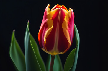 One red tulip on a dark background