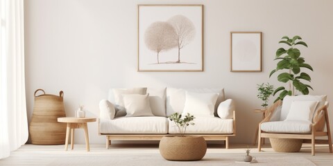 Cozy living room interior with mock-up poster frame, boucle sofa, round coffee table, white rack, beige wall, pitcher, wooden stool, and personal accessories.