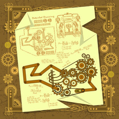 A drawing of a complex mechanism with detailed calculations on a rumpled sheet of paper in the original frame in the steampunk style. Aged background. Vector illustration