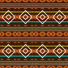 Horizontally oriented seamless pattern with ethnic ornament in brown tones with wavy multi-colored stripes and large white rhombuses. Vector illustration