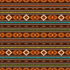 Horizontally oriented seamless pattern with ethnic ornament in brown tones with wavy multi-colored stripes and white rhombuses. Vector illustration