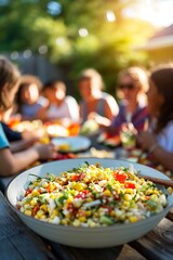 Close up of a bowl of salad on a picnic table with friends in the background. Family enjoying a summer picnic with a bowl of corn salad as the centerpiece. 