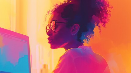 Girl freelancer works on a laptop. Conceptual realistic image