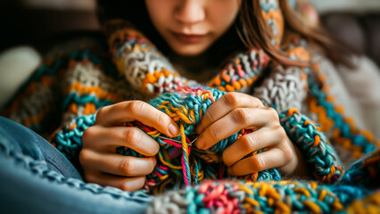 Close-up of a woman's hands knitting a colorful and cozy garment, a perfect image for creative crafting themes.