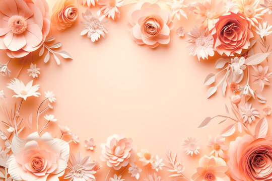 Light peach colored spring background with paper flowers frame. Mother's day, wedding and spring concept.