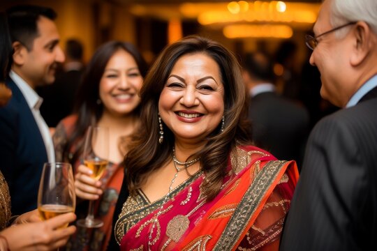 A cheerful mature Indian woman in a traditional sari smiling at a festive celebration with family and friends.