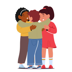 Fototapeta premium Three Inseparable Kids Embrace In Heartwarming Hug. Their Laughter Echoing, Bonds Of Friendship Woven In Innocence