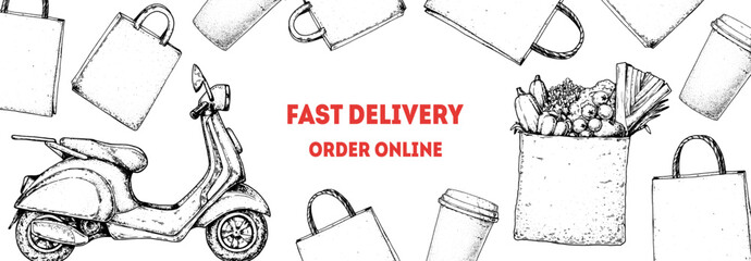 Food Delivery scooter hand drawn sketch. Goods delivery. Vector illustration. Logistics and delivery scooter. Fast delivery of food.