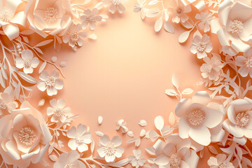 Pastel peach colored spring background with paper flowers frame. Mother's day, wedding and spring concept.