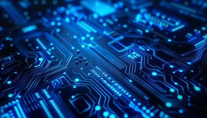 close up of a microchip circuit board of a computer with neon lights