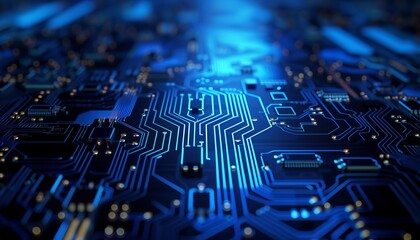 close up of a microchip circuit board of a computer with neon lights