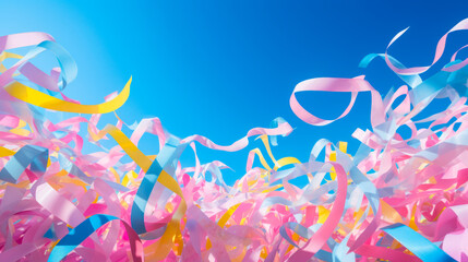 Colorful ribbons gracefully dance and twirl amid the backdrop of a radiant blue sky, forming a dynamic tableau. This scene imparts a sense of motion and picturesque beauty