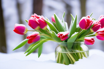 Spring flowers. A bouquet of bright red tulips stands in a glass jar in the snow. Sudden snowfall.
