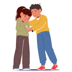 Kind Boy Character Comforts Upset Friend, Offering Solace With A Candy. His Gentle Support Eases Her Tears