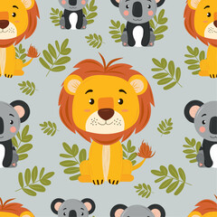 Obraz na płótnie Canvas Lion and koala seamless pattern on light gray background. Funny cartoon animals theme. For characters of children's cartoons, books, textiles.