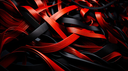A compact arrangement of red and black ribbons, neatly stacked atop one another. This image is well-suited for concepts tied to holidays and gift-related themes. - obrazy, fototapety, plakaty