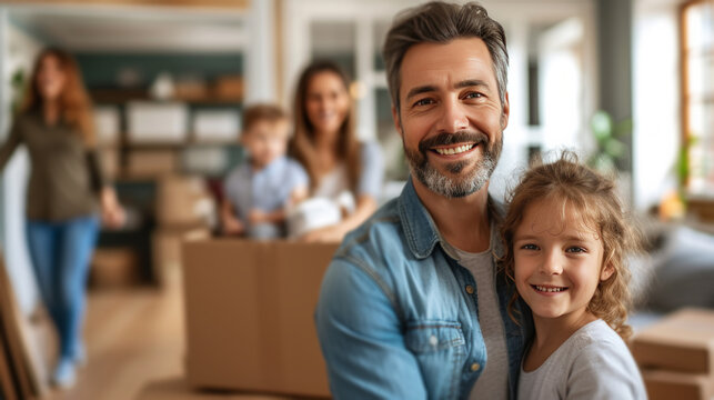 Smiling movers delivering belongings to a delighted family in their new home, emphasizing reliability