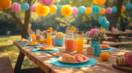 Festive picnic tables adorned with pastel decorations, inviting joyous gatherings