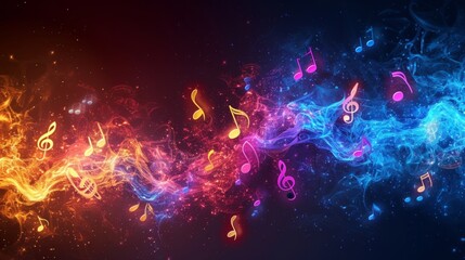 Vibrant musical notes dancing in an electrifying display of sound and color - obrazy, fototapety, plakaty