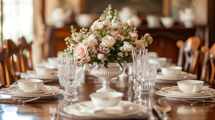 An elegant Easter dining room, set with fine china, crystal glassware, and elegant tableware