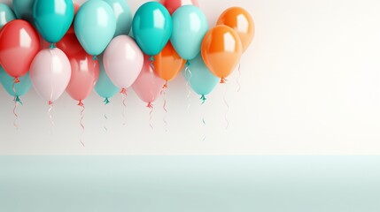 An unadorned party background featuring a simple frame and a cascade of colorful balloons