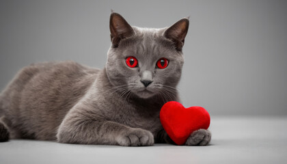 Grey Cat Holding Red Heart-shaped Object"