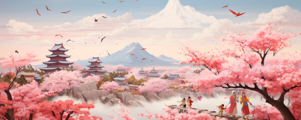 A vividly colored artwork illustrating a crowd of people leisurely walking through a park adorned with cherry blossom trees