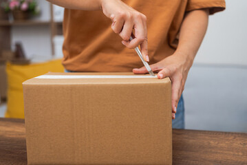A young lady use utility knife to open package mock up , unboxing the cardboard box online...