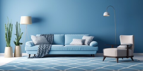 Patterned blue carpet in stylish living room.