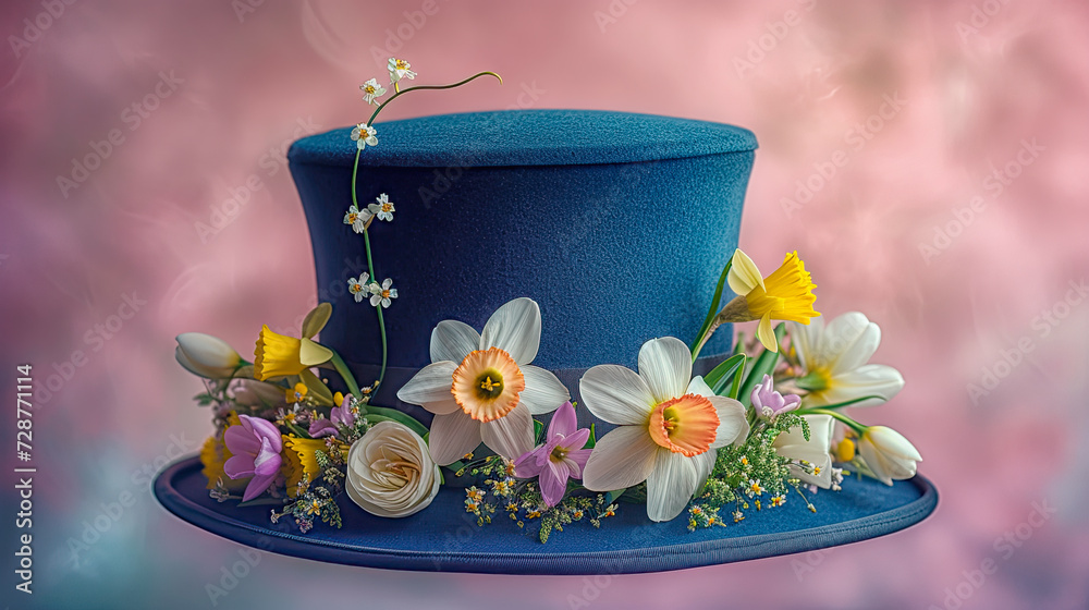 Wall mural Dark blue top hat decorated with hat decorated with daffodils and crocuses. Four seasons concept. Spring