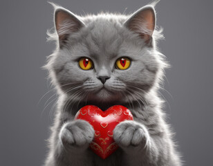 Grey Cat Holding Red Heart-shaped Object"