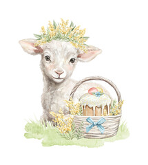 Cute vintage lamb with floral wreath and basket with Easter cake and eggs on meadow isolated on white background. Watercolor hand drawn illustration sketch © Mimomy