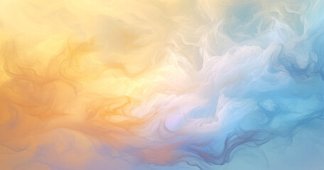 Abstract pastel watercolor background with smooth cloud-like patterns in blue, orange, and yellow...