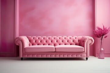 stylist and royal Colorful interior with a pink armchair on empty dark wall background,