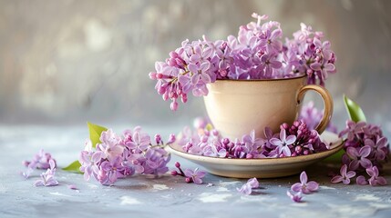 Obraz na płótnie Canvas charming image featuring a porcelain cup adorned with lilac flowers, perfect for home decoration and springtime vibes.