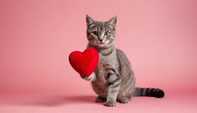 Grey Cat Holding Red Heart-shaped Object" - Powered by Adobe