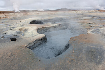 Iceland geothermal area Hveragerdi on a cloudy summer day.
