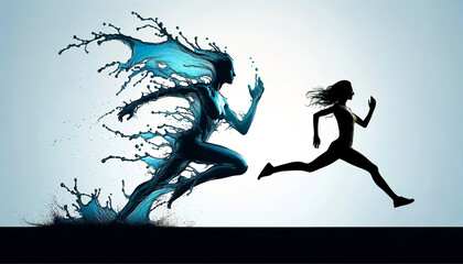 A creative concept of a silhouette of a running woman transforming into splashing water, symbolizing movement and fluidity.Sports concept. AI generated.