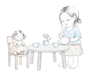 Watercolor tea party composition with cartoon baby girl, doll, dishes and furniture isolated on white background. Watercolor hand drawn illustration sketch
