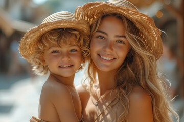 Mother and son in straw hats smiling