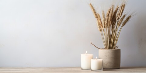 Stylish concept for bloggers with Parisian vibes: Candle on table against neutral wall backdrop, featuring rye or wheat in vase.